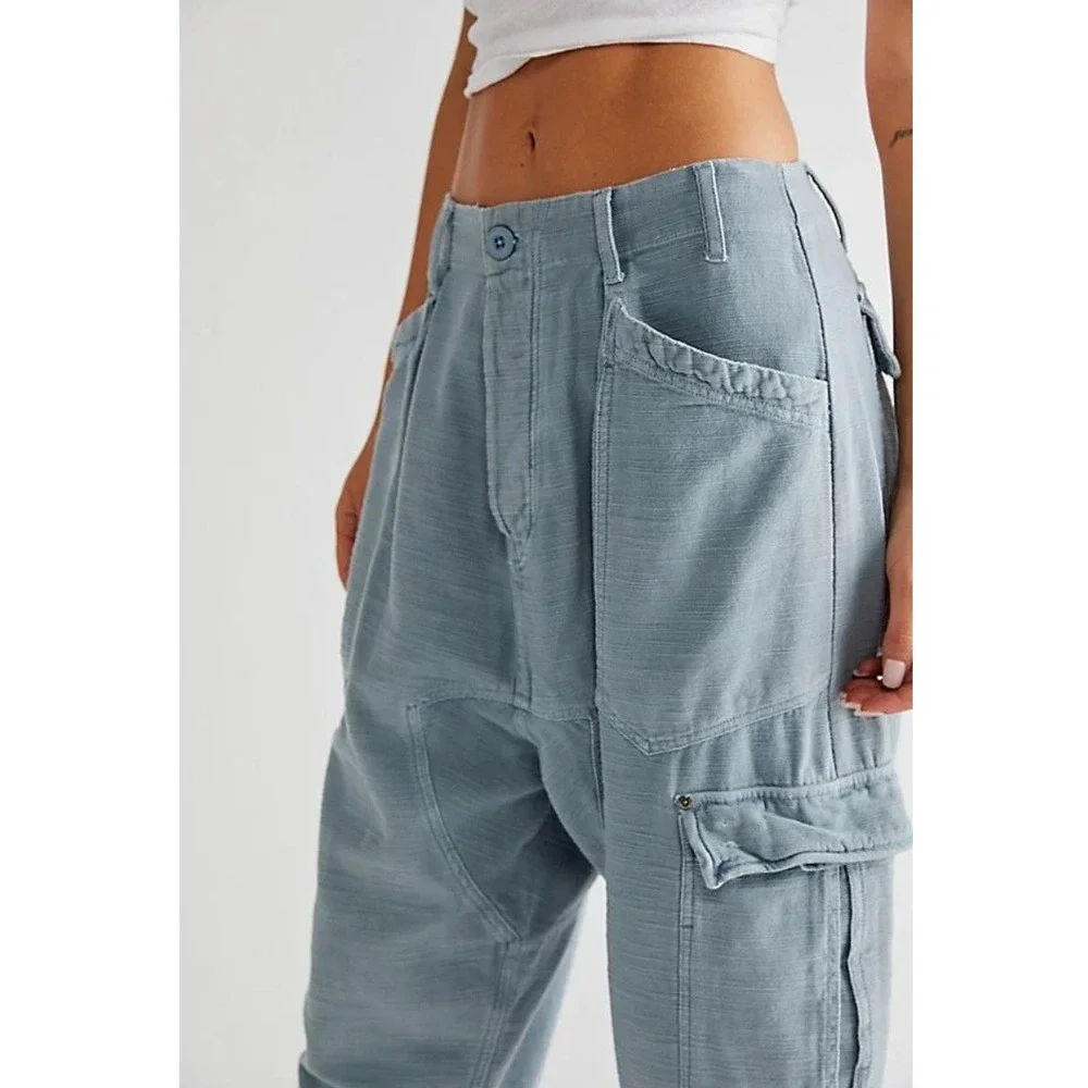 Free People Blue Grey Slub Texture Utility Cargo Pants XS Relaxed Tapered Leg - Picture 4 of 13